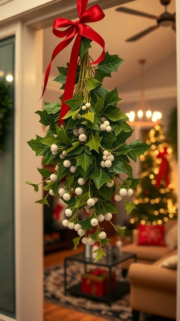 Mistletoe Christmas Decoration Recipe A mistletoe decoration with green leaves and white berries, tied with a red ribbon, hanging in a festive doorway.